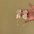 White Flower Leaf and Pearl Chain Tassel Stud Earrings view 1
