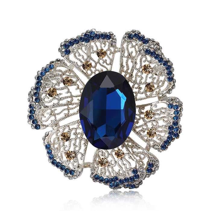 Oval Crystal Halo Brooch Pin in Green Purple or Blue