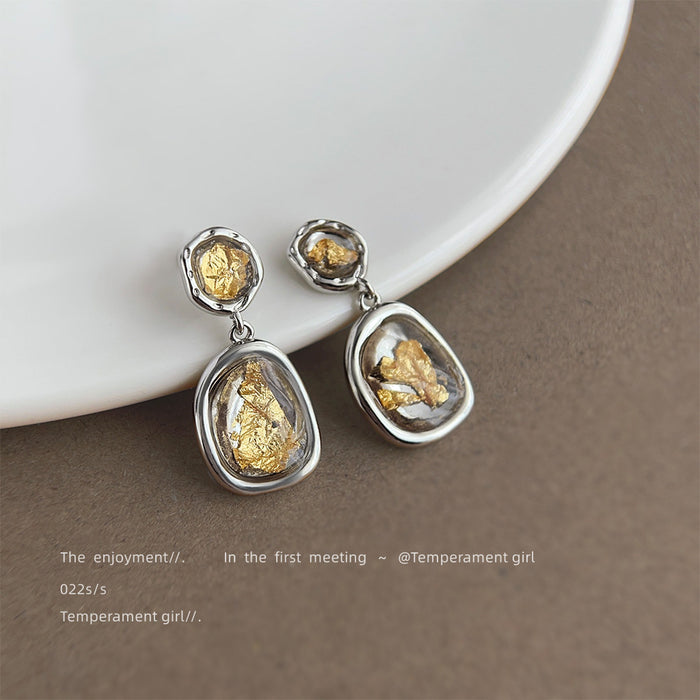 Silver Irregular Frame Drop Earrings Gold Foil Resin Inlay