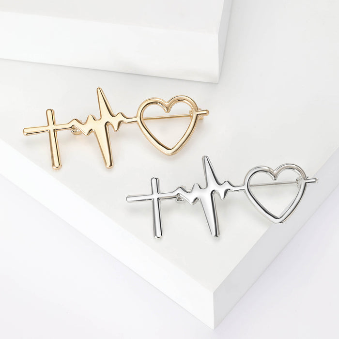 Heartbeat Line Brooch Cross Wave Open Heart Metal Pin