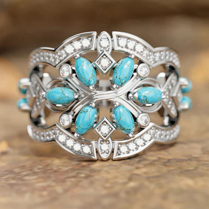 Turquoise Marquise Floral Statement Ring in Silver Tone