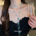 Blue Crystal Layered Y Necklace with Teardrop Accents view 3