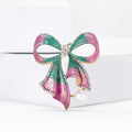 Teal and Pink Striped Bow Brooch With Pearl-Like Drop view 4