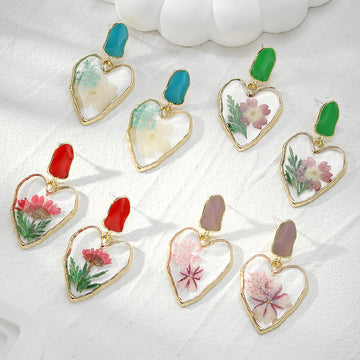 Gold Tone Irregular Heart Pressed Flower Resin Stud Drop Earrings