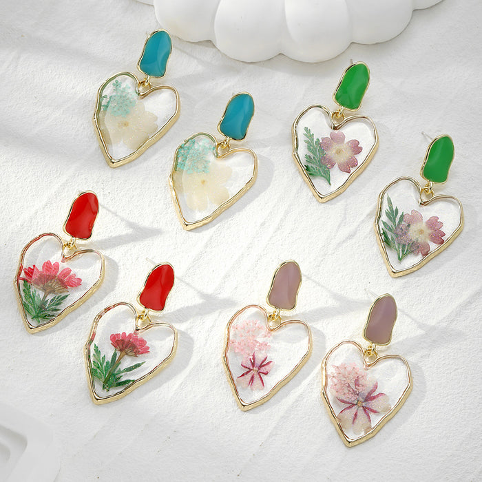 Gold Tone Irregular Heart Pressed Flower Resin Stud Drop Earrings