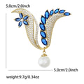 Blue Crystal Floral Plume Brooch With Pearl Drop and Gold Tone Arcs view 5