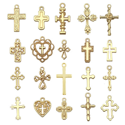 Gold-tone heart and cross beads arranged on a light background