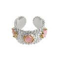 Silver And Gold Tone Leaf Texture Pink Cat Eye Stone Open Ring view 5