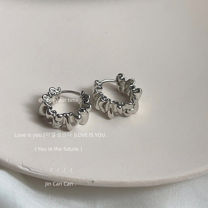 Silver Ruffled Wave Mini Hoop Earrings Hinged Huggies