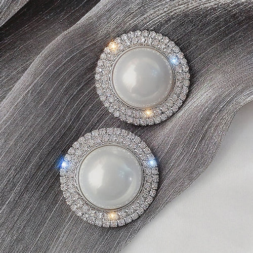 Silver Tone Round Faux Pearl Halo Stud Earrings with Clear Stone Accents shown in front view