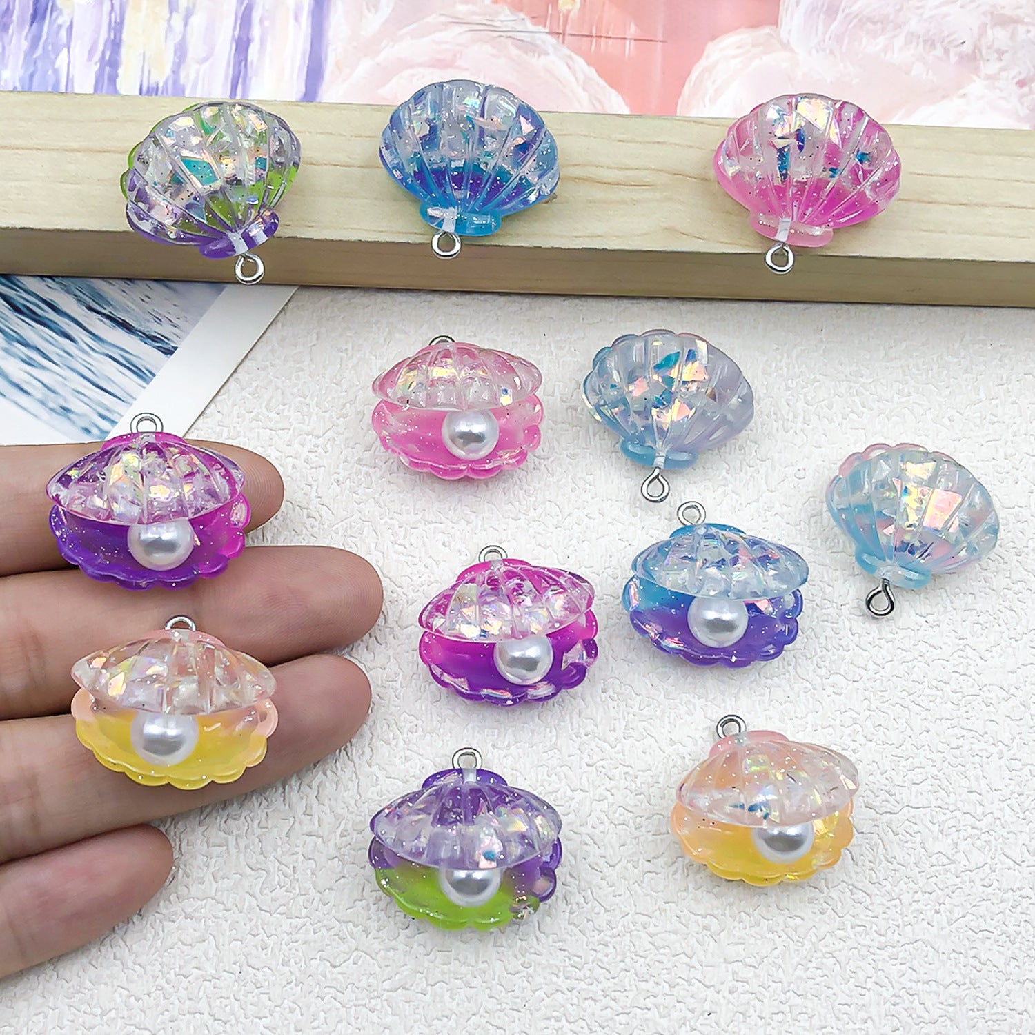 Transparent Iridescent Resin Pearl Shell Charm Pendant for DIY Earrings Necklace Jewelry