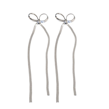 Silver Tone Bow and Long Chain Drop Earrings Decorative Jewelry