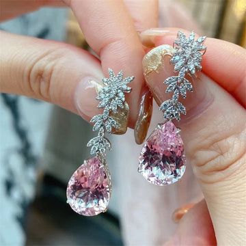 White Gold Floral Pink Pear Drop Dangle Earrings Metal