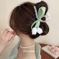 Green Satin Bow Tulip Hair Claw In Pink White Or Purple view 3