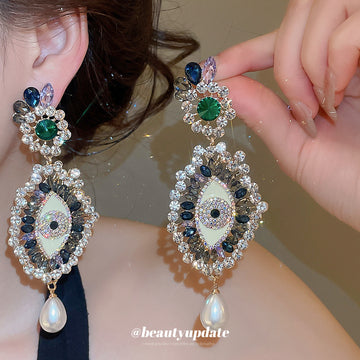 Crystal Eye Drop Earrings with Green Centers and Pearl Drops