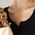 White Pearl Strand Gold Sunflower Oval Pendant Necklace view 3