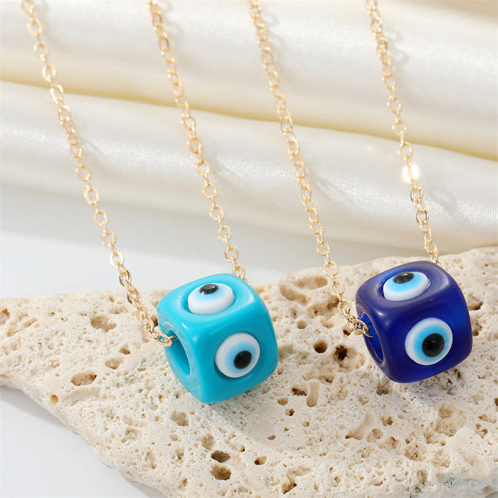 Gold Tone Cube Bead Evil Eye Chain Necklaces in Two Blue Colors