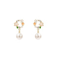 Pink Peach Enamel Flower Wreath Pearl Drop Earrings view 5