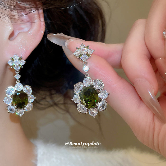 Dark Green Center Layered Crystal Flower Drop Earrings