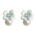 Silver Tone White Blue Enamel Flower And Pearl Stud Earrings view 5