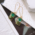 Gold Tone Rectangular Clear Resin Pressed Flower Long Wire Earrings view 8