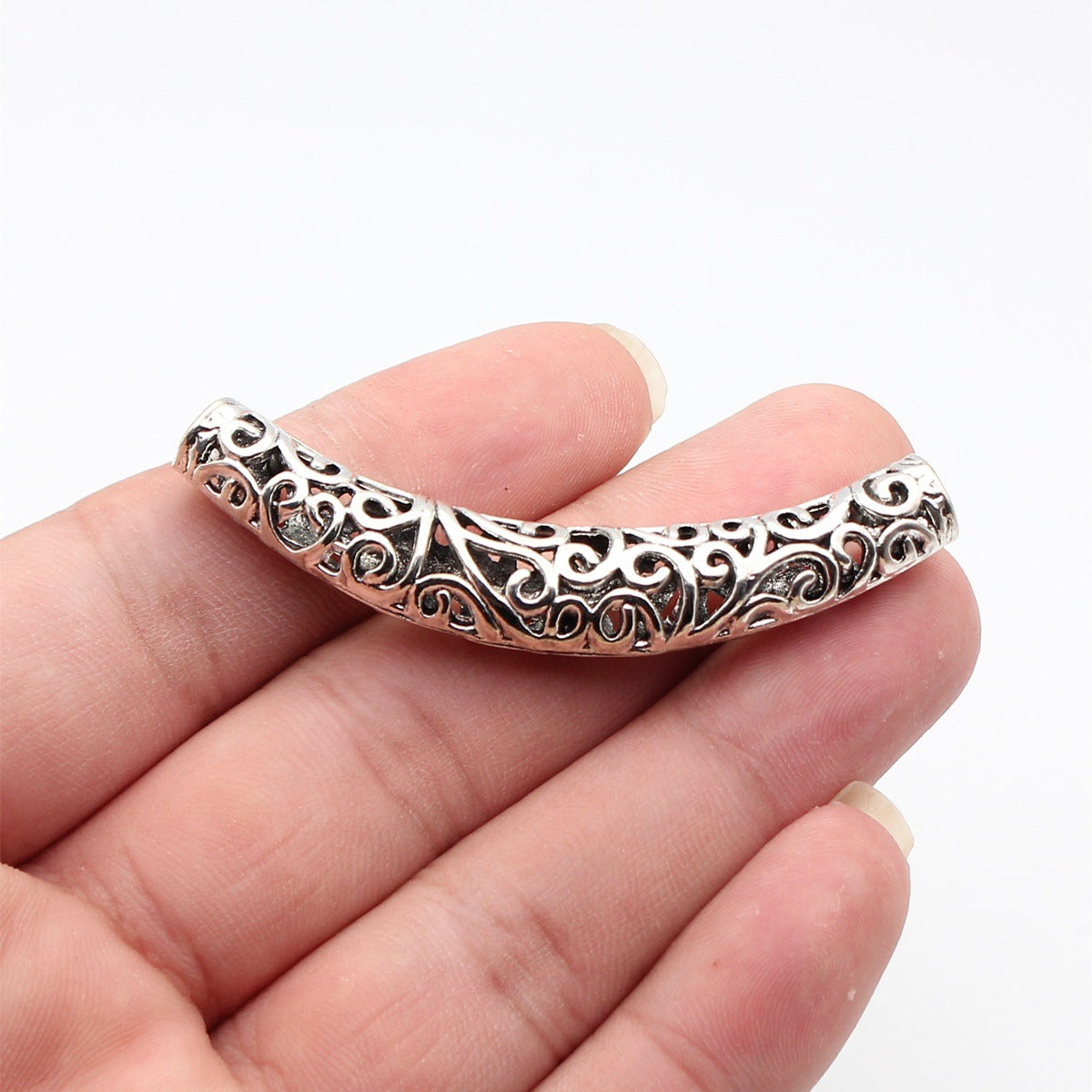66x11x9.3mm 7.6g Antique Silver Zinc Alloy Hollow Curved Tube Beads for Bracelet Necklace Jewelry Making