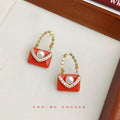 Orange Enamel Handbag Pearl Crystal Gold Tone Earrings view 4