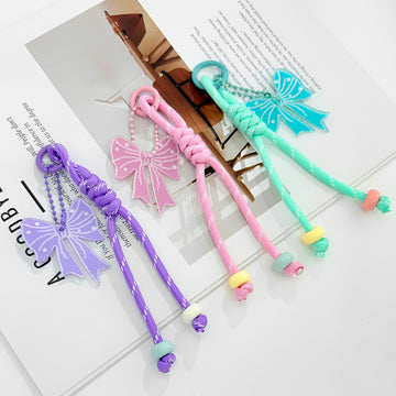 Woven Cord Keychain with Acrylic Bow Charm and Beads