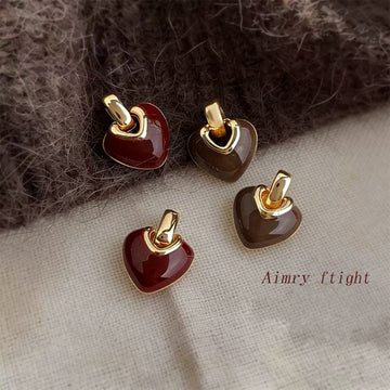 Gold Tone Glossy Enamel Heart Stud Earrings Coffee Wine