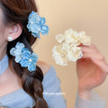 Fabric Double Flower Pearl Center Duckbill Hair Clips Two Colors view 1