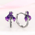 Silver Tone Purple Enamel Iris Flower Huggie Hoop Earrings view 1