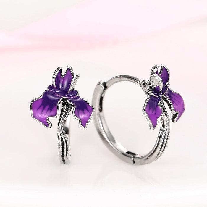 Silver Tone Purple Enamel Iris Flower Huggie Hoop Earrings