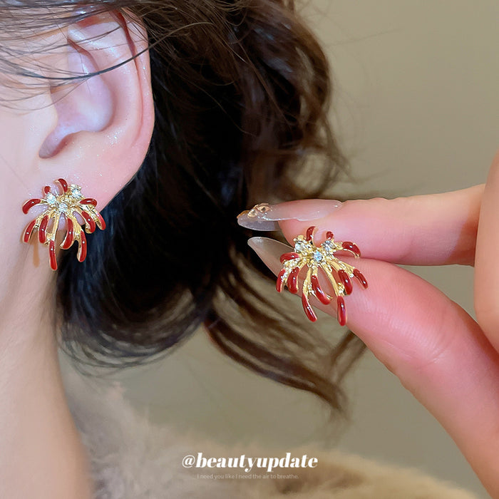 Gold Tone Red Enamel Firework Stud Earrings Metal Tone Jewelry