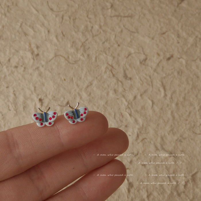 Gold Tone Blue Red Enamel Mini Butterfly Stud Earrings