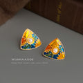 Gold Triangle Enamel Landscape Stud Earrings Pearl Center view 4