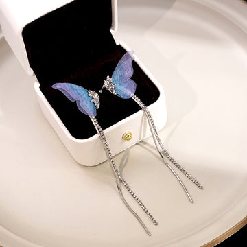 Blue Lavender Butterfly Double Extra Long Chain Earrings