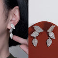 Silver-Tone Three-Leaf Linear Drop Earrings with Clear Stone Details view 2