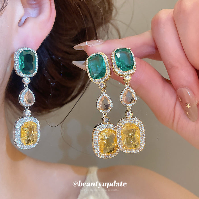 Green and Yellow Crystal Drop Stud Earrings in Two Tones