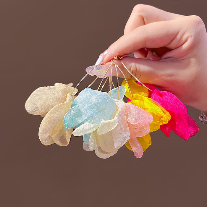 Six Color Translucent Fabric Petal Flower Hoop Earrings