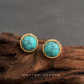 Gold Round Turquoise Cabochon Stud Earrings Side Crystal Band view 2
