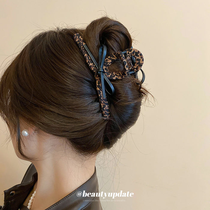 Brown And Black Leopard Fabric Wrapped Hair Claw With Large Bow