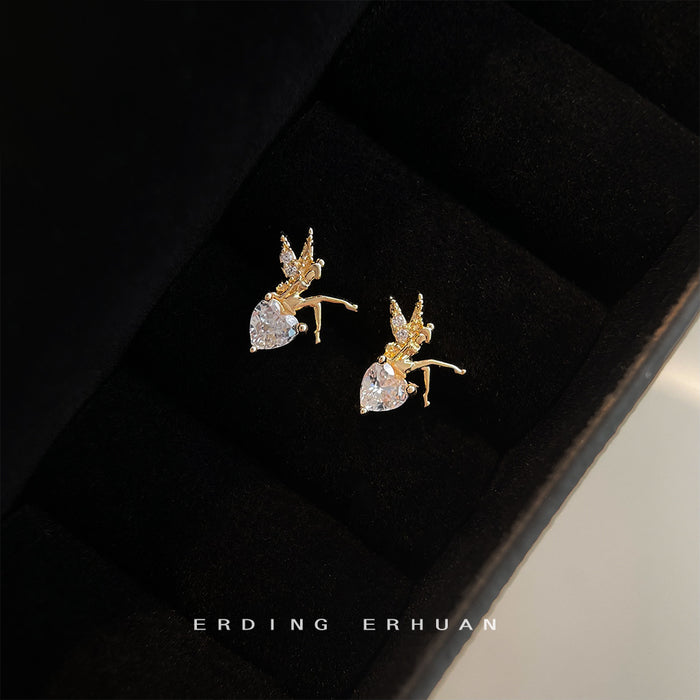 Gold Fairy Heart Crystal Sprite Figure Stud Earrings