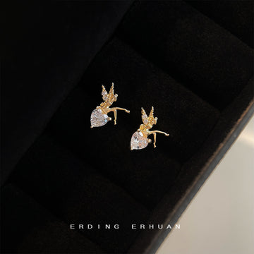 Gold Fairy Heart Crystal Sprite Figure Stud Earrings