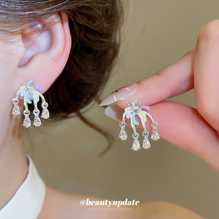 Iridescent Flower Crystal Fringe Stud Earrings Statement Jewelry