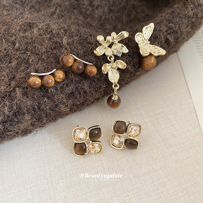 Brown Floral Stud Earrings in Two Coordinated Designs