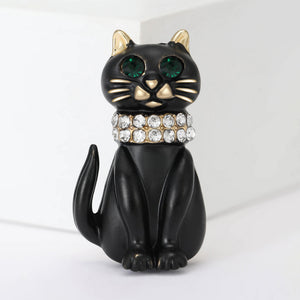 Black Enamel Cat Brooch Green Crystal Eyes and Collar