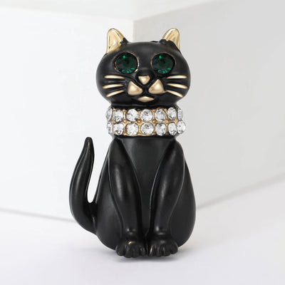 Black enamel cat brooch with crystal collar front