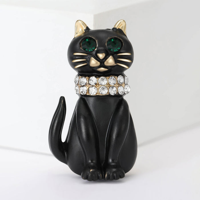 Black Enamel Cat Brooch Green Crystal Eyes and Collar