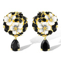Gold Tone Black and White Floral Drop Earrings with Teardrops view 1
