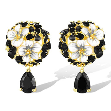 Gold Tone Black and White Floral Drop Earrings with Teardrops